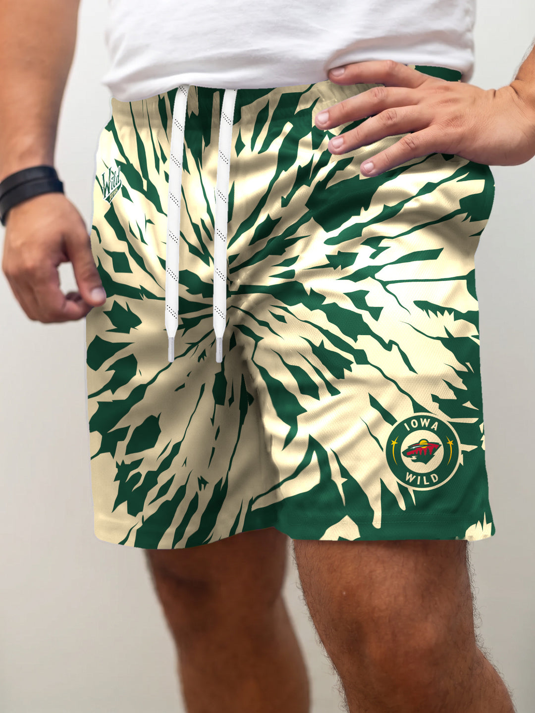 Model wearing the Bench Clearers Iowa Wild Tie-Dye Hockey Shorts - front view