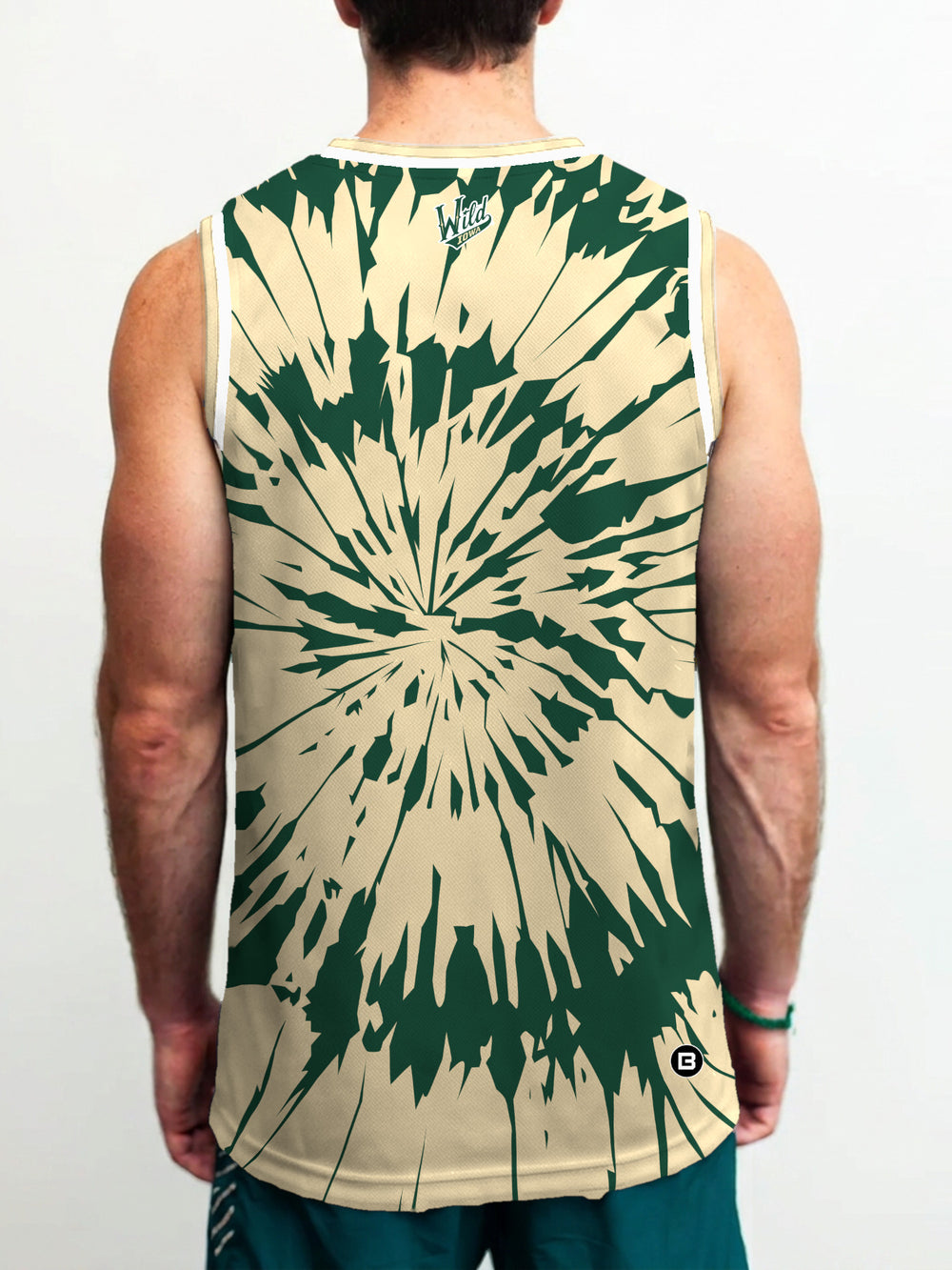 Model wearing the Bench Clearers Iowa Wild Tie-Dye Hockey Tank - back view