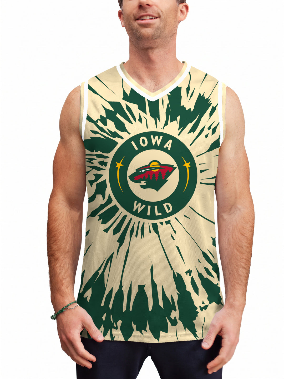 Model wearing the Bench Clearers Iowa Wild Tie-Dye Hockey Tank - front view
