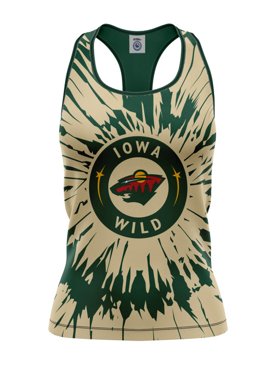Bench Clearers Iowa Wild Tie-Dye Women's Racerback Hockey Tank - 3D FRONT