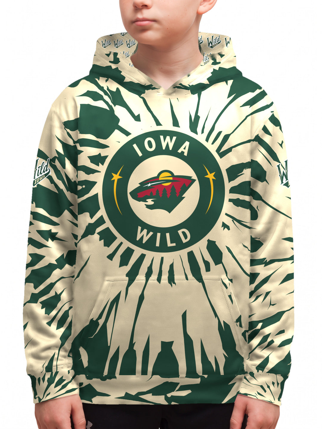 Youth model wearing the Bench Clearers Iowa Wild Tie-Dye Youth Hockey Hoodie - front view