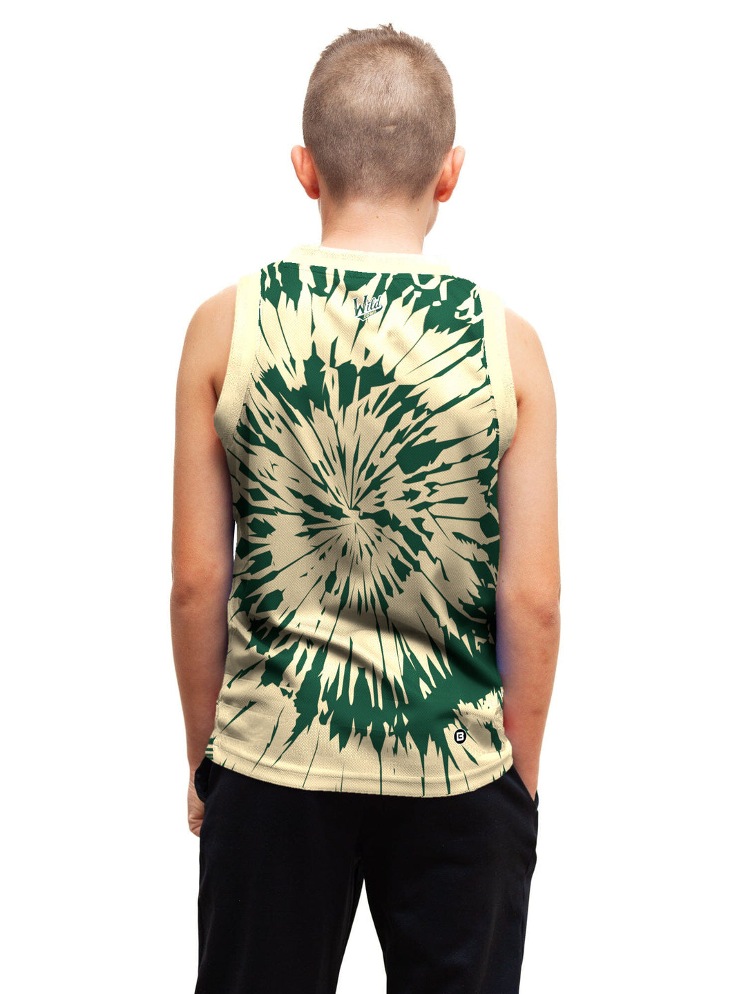 Youth model wearing the Bench Clearers Iowa Wild Tie-Dye Youth Hockey Tank - back view