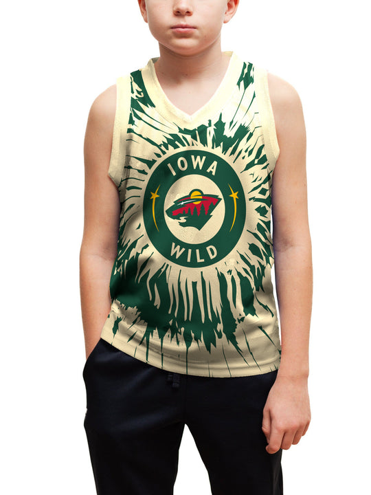 Youth model wearing the Bench Clearers Iowa Wild Tie-Dye Youth Hockey Tank - front view, hand in pocket