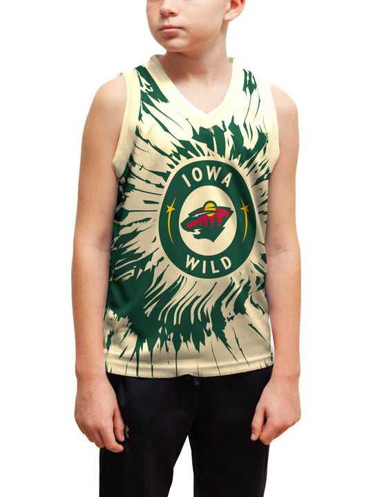 Youth model wearing the Bench Clearers Iowa Wild Tie-Dye Youth Hockey Tank - front view