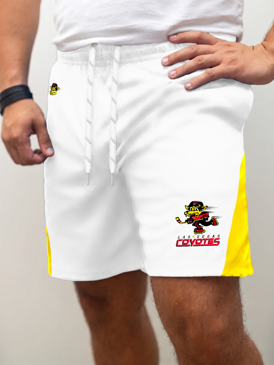 Model wearing the Bench Clearers Las Vegas Coyotes Away Hockey Shorts - front view