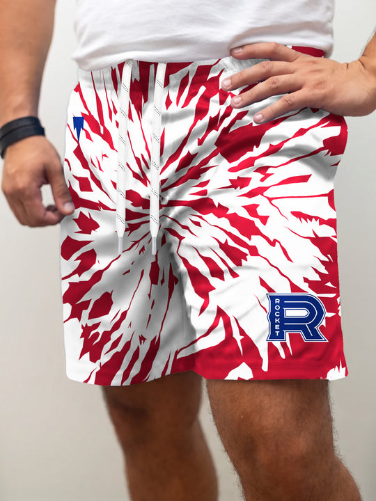 Model wearing the Bench Clearers Laval Rocket Tie-Dye Hockey Shorts - front view