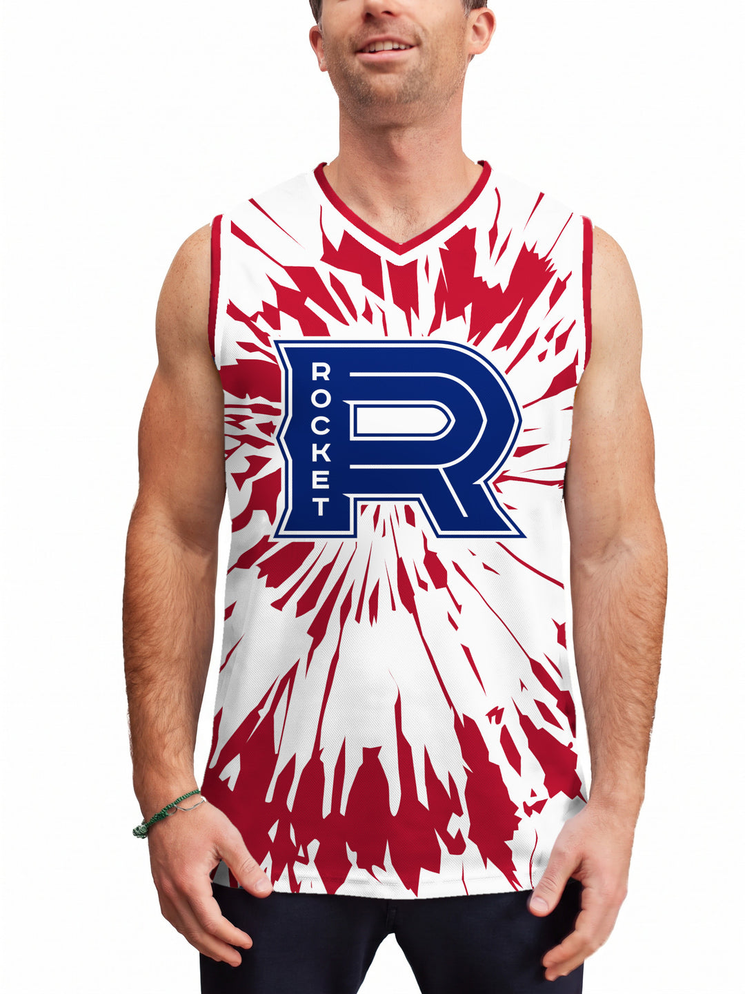 Model wearing the Bench Clearers Laval Rocket Tie-Dye Hockey Tank - front view