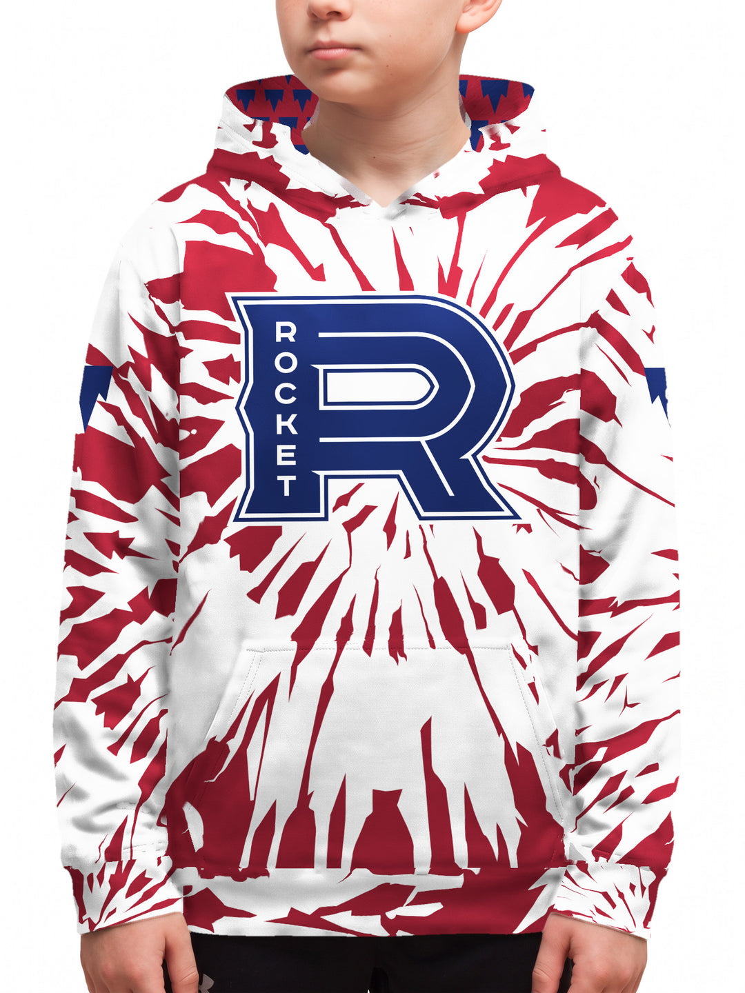 Youth model wearing the Bench Clearers Laval Rocket Tie-Dye Youth Hockey Hoodie - front view