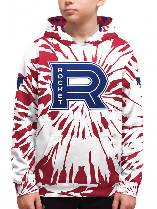 Youth model wearing the Bench Clearers Laval Rocket Tie-Dye Youth Hockey Hoodie - front view