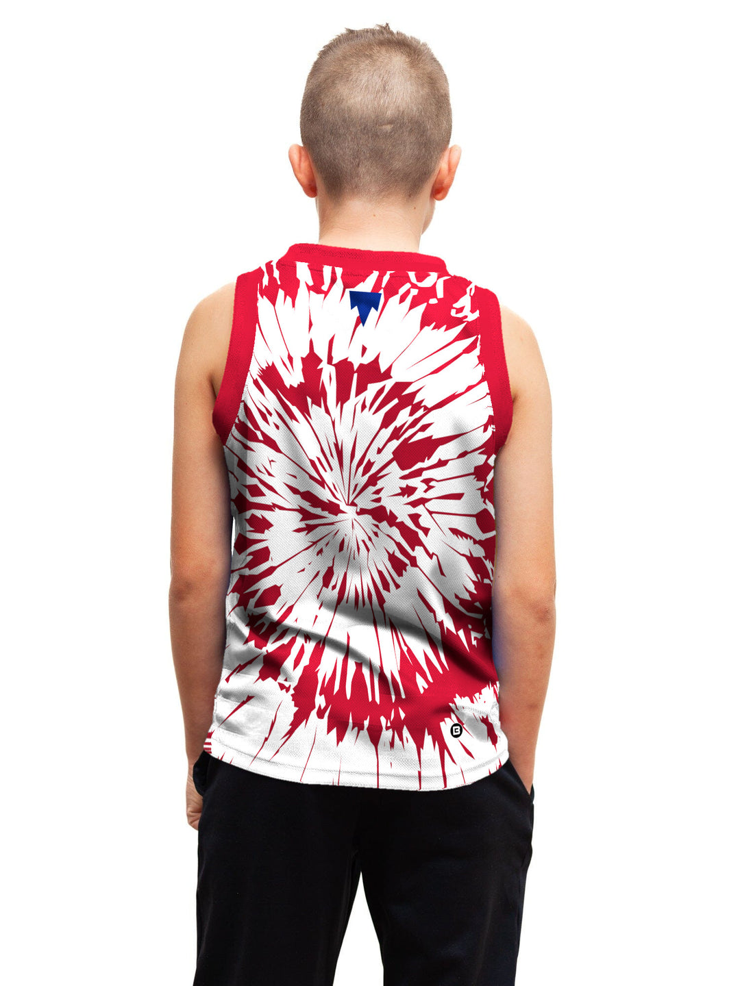 Youth model wearing the Bench Clearers Laval Rocket Tie-Dye Youth Hockey Tank - back view