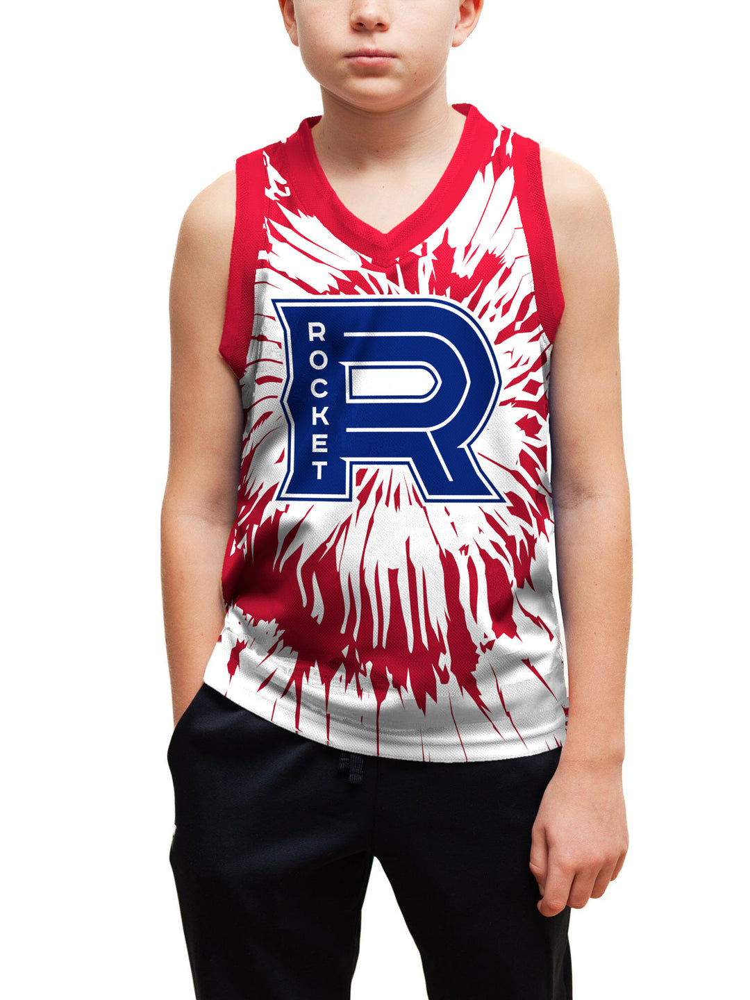 Youth model wearing the Bench Clearers Laval Rocket Tie-Dye Youth Hockey Tank - front view, hand in pocket