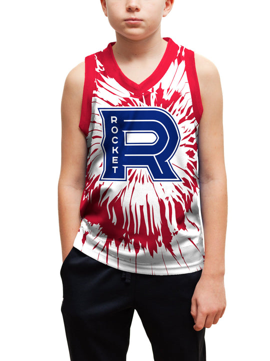 Youth model wearing the Bench Clearers Laval Rocket Tie-Dye Youth Hockey Tank - front view, hand in pocket