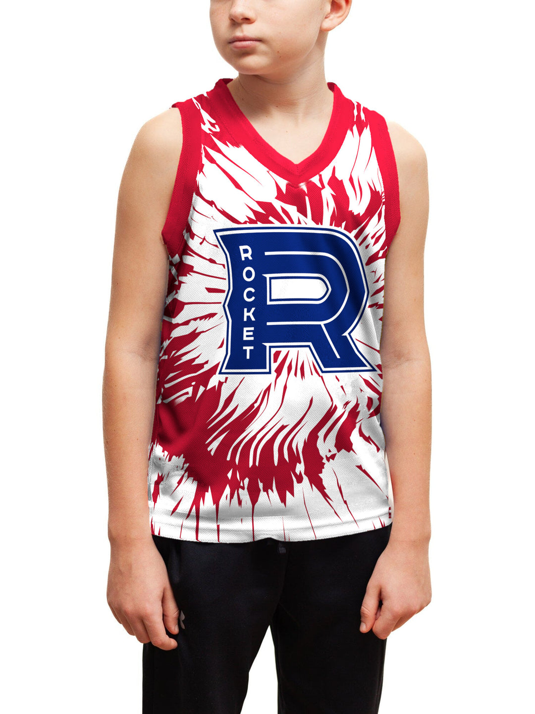 Youth model wearing the Bench Clearers Laval Rocket Tie-Dye Youth Hockey Tank - front view