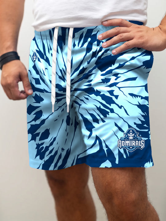 Model wearing the Bench Clearers Milwaukee Admirals Tie-Dye Hockey Shorts - front view