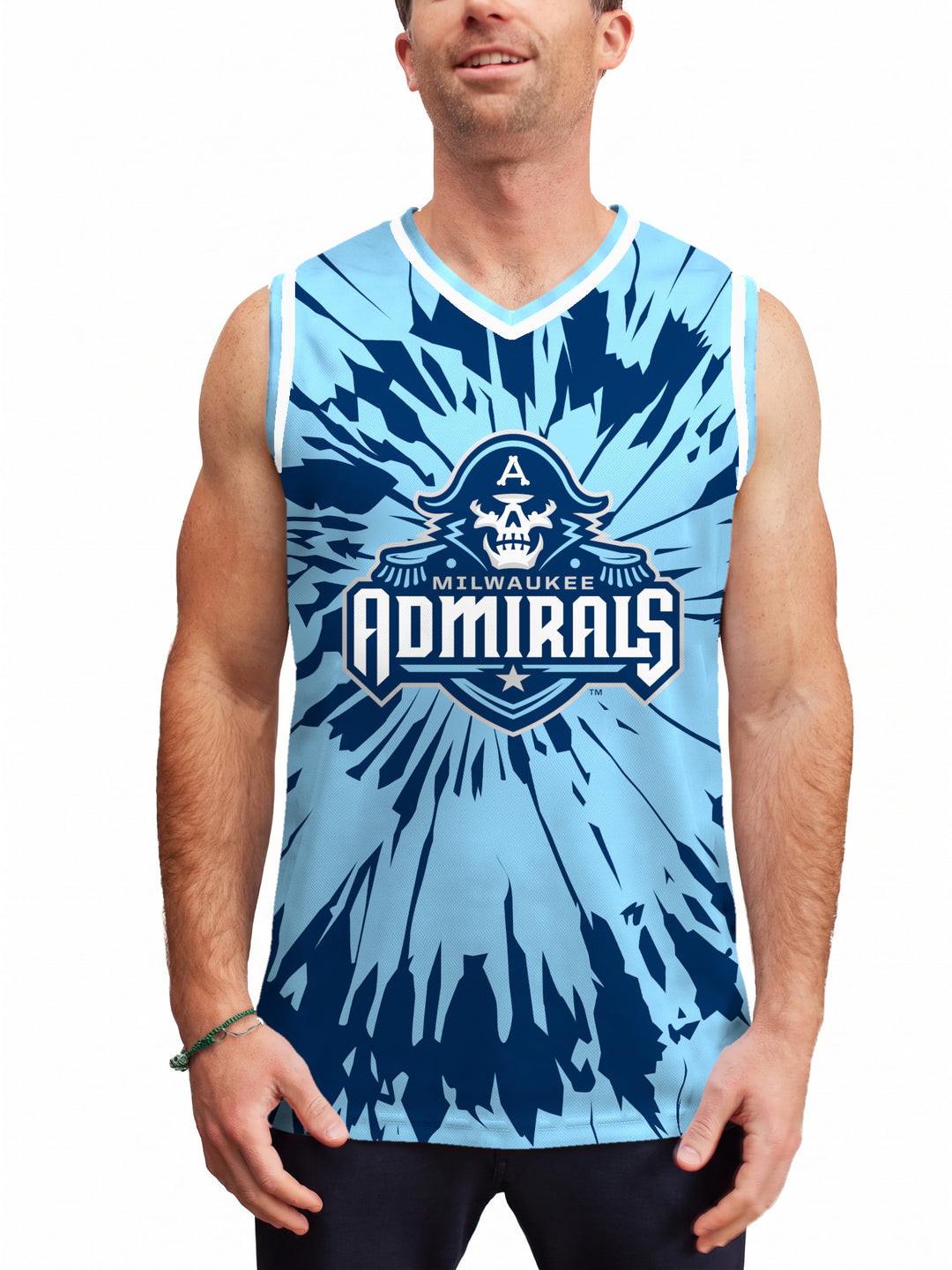 Model wearing the Bench Clearers Milwaukee Admirals Tie-Dye Hockey Tank - front view