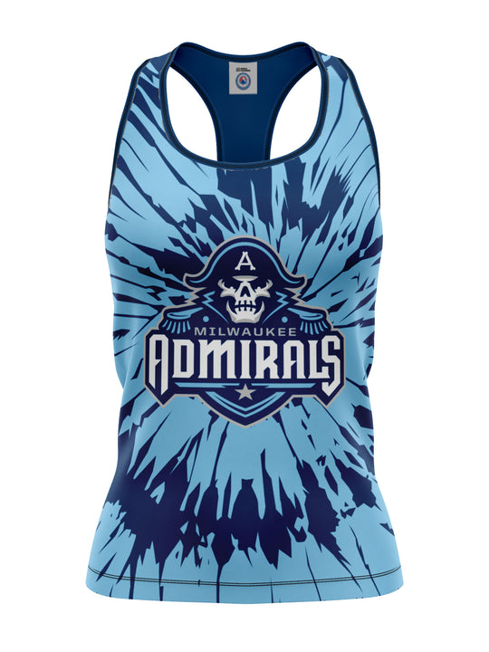 Bench Clearers Milwaukee Admirals Tie-Dye Women's Racerback Hockey Tank - 3D FRONT
