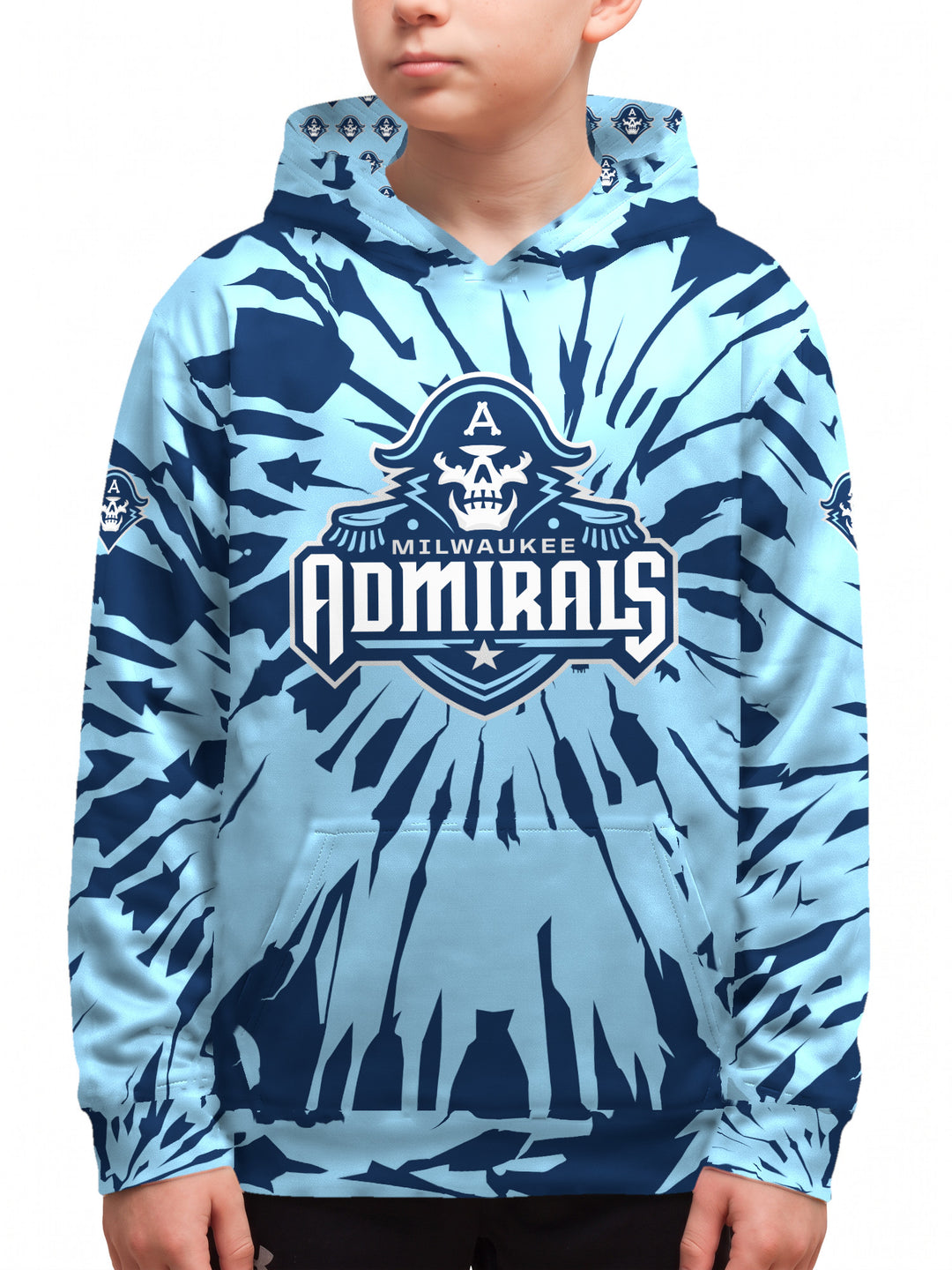 Youth model wearing the Bench Clearers Milwaukee Admirals Tie-Dye Youth Hockey Hoodie - front view
