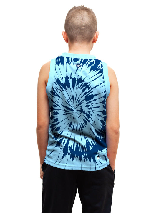 Youth model wearing the Bench Clearers Milwaukee Admirals Tie-Dye Youth Hockey Tank - back view