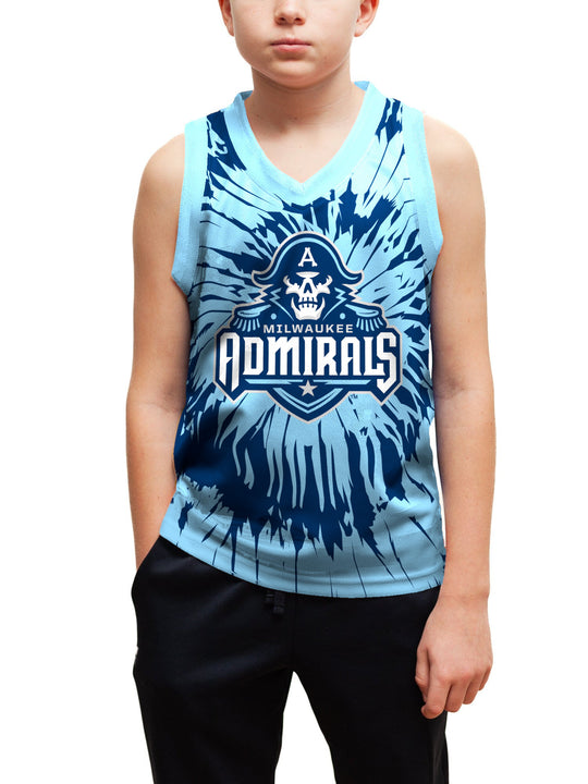 Youth model wearing the Bench Clearers Milwaukee Admirals Tie-Dye Youth Hockey Tank - front view, hand in pocket