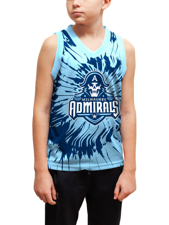 Youth model wearing the Bench Clearers Milwaukee Admirals Tie-Dye Youth Hockey Tank - front view