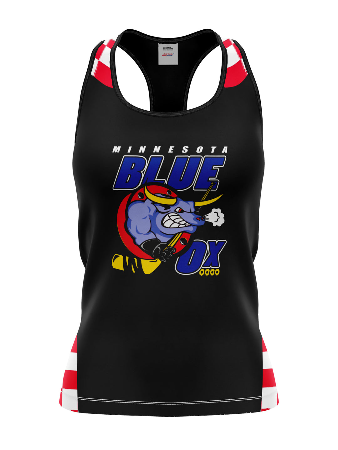 Bench Clearers Minnesota Blue Ox Women's Racerback Hockey Tank - 3D FRONT