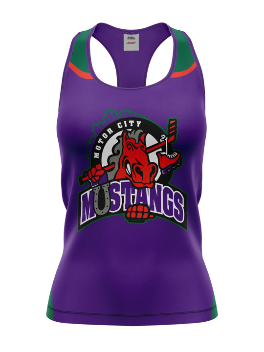 Bench Clearers Motor City Mustangs Women's Racerback Hockey Tank - 3D FRONT