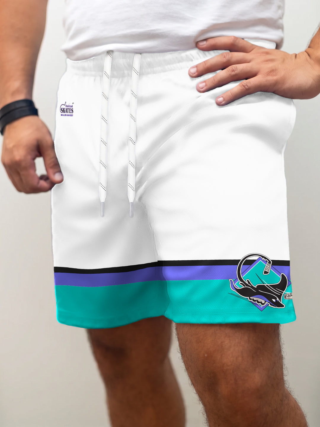 Model wearing the Bench Clearers Oakland Skates Away Hockey Shorts - front view