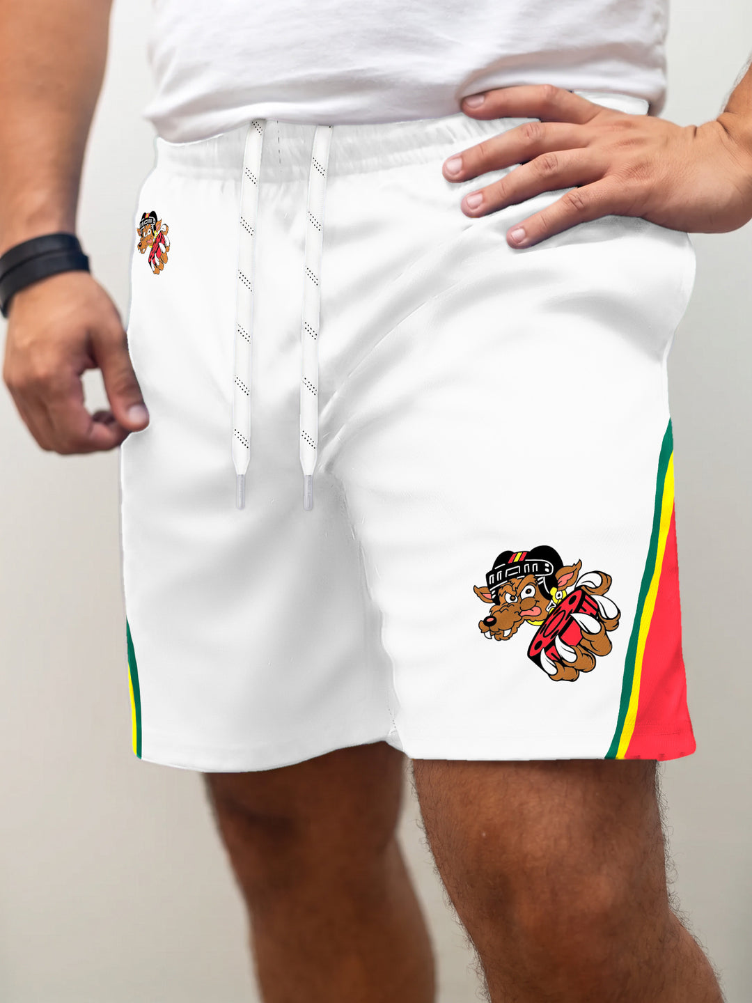 Model wearing the Bench Clearers Oklahoma Coyotes Away Hockey Shorts - front view