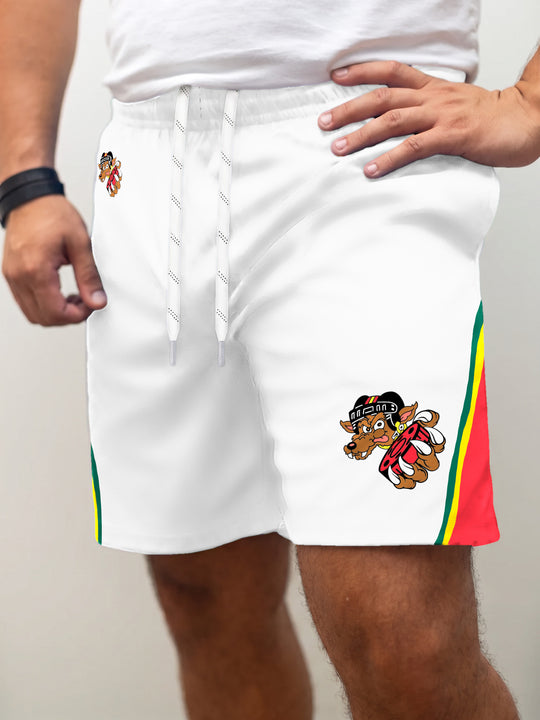 Model wearing the Bench Clearers Oklahoma Coyotes Away Hockey Shorts - front view