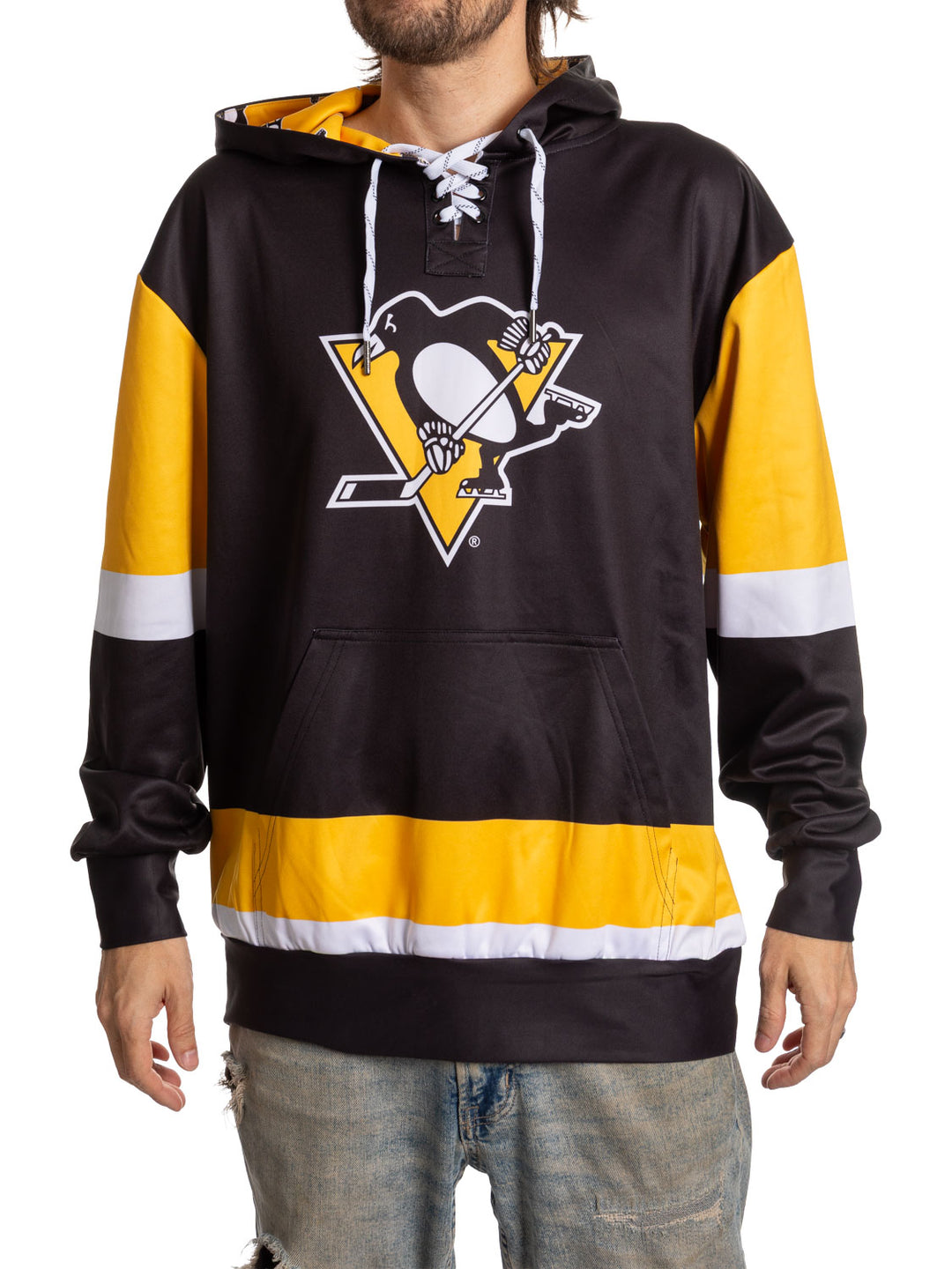 Bench Clearers Pittsburgh Penguins "Hockey Lace" Hockey Hoodie - front view: black with gold sleeves and lace-up collar