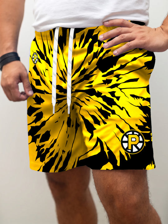 Model wearing the Bench Clearers Providence Bruins Tie-Dye Hockey Shorts - front view