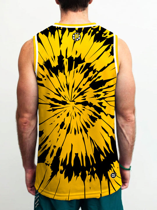 Model wearing the Bench Clearers Providence Bruins Tie-Dye Hockey Tank - back view