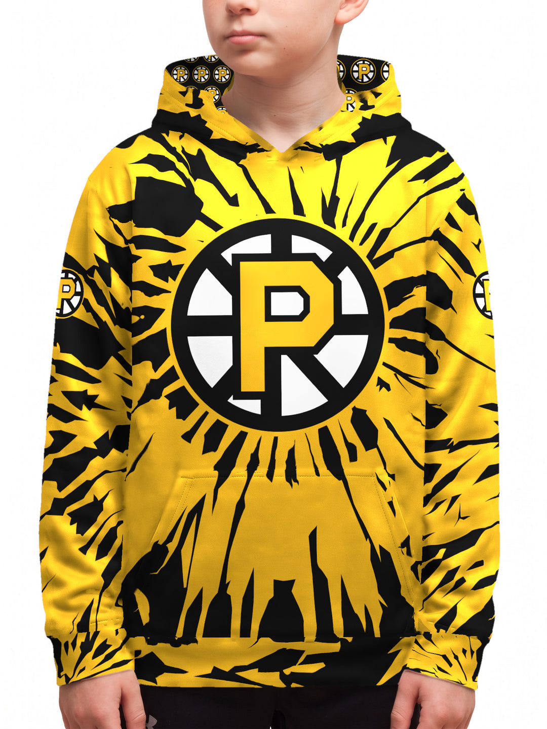 Youth model wearing the Bench Clearers Providence Bruins Tie-Dye Youth Hockey Hoodie - front view