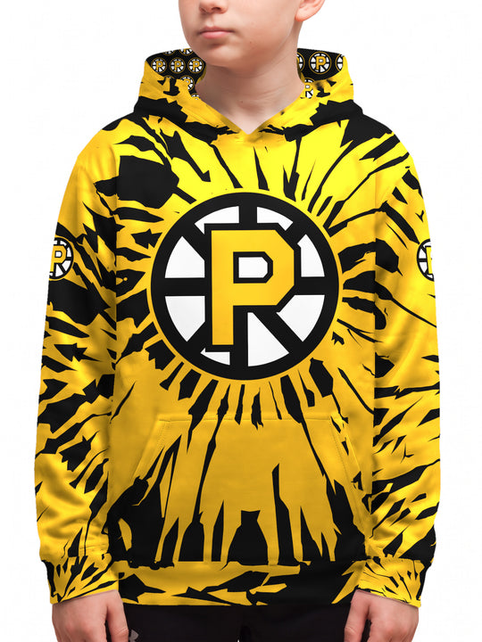 Youth model wearing the Bench Clearers Providence Bruins Tie-Dye Youth Hockey Hoodie - front view