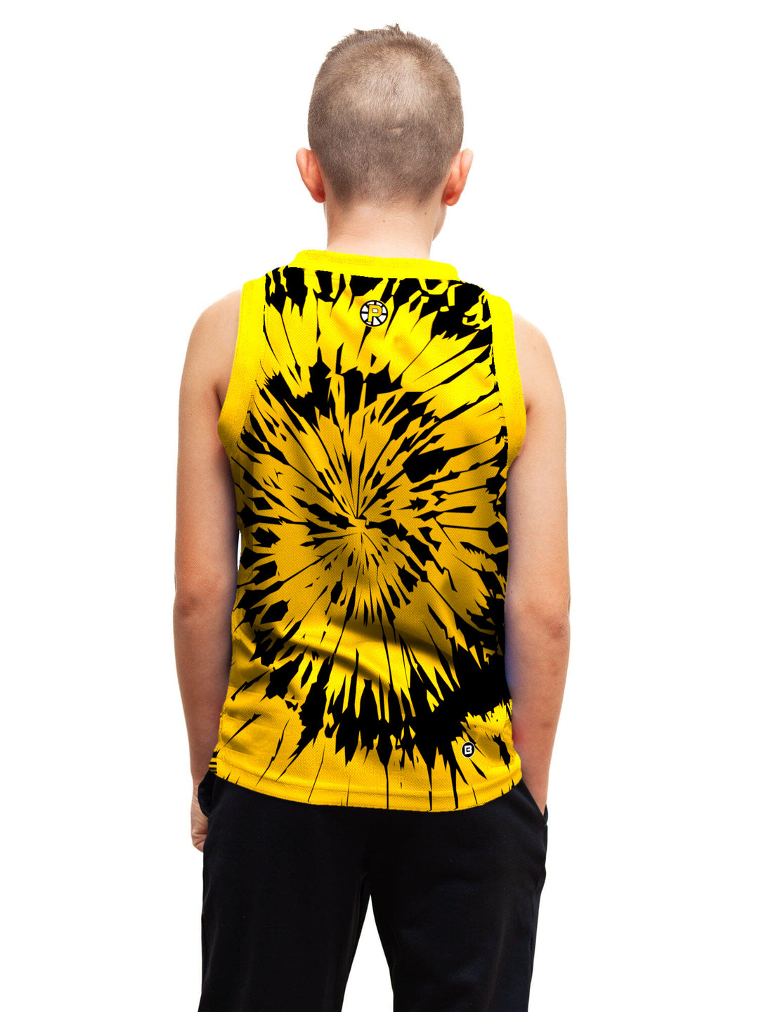 Youth model wearing the Bench Clearers Providence Bruins Tie-Dye Youth Hockey Tank - back view