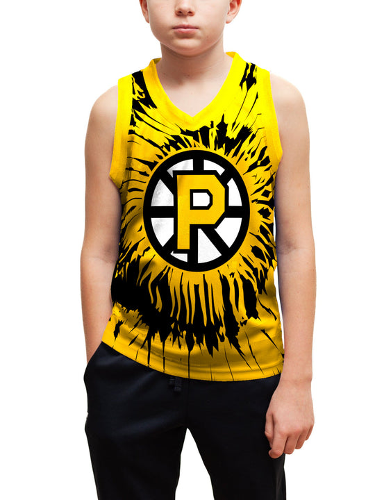 Youth model wearing the Bench Clearers Providence Bruins Tie-Dye Youth Hockey Tank - front view, hand in pocket