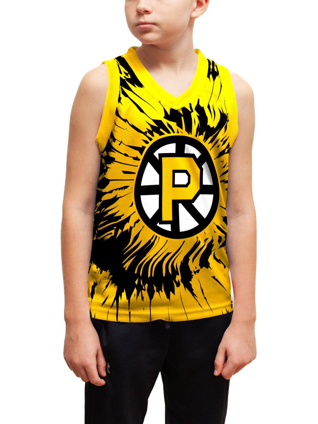 Youth model wearing the Bench Clearers Providence Bruins Tie-Dye Youth Hockey Tank - front view