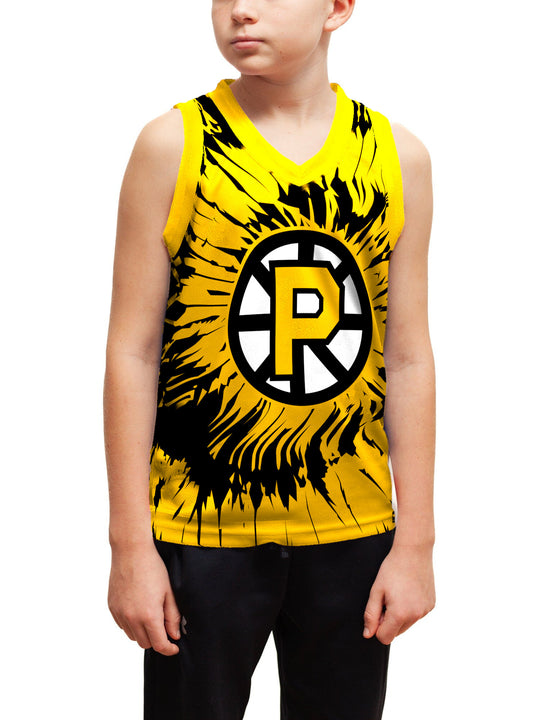 Youth model wearing the Bench Clearers Providence Bruins Tie-Dye Youth Hockey Tank - front view