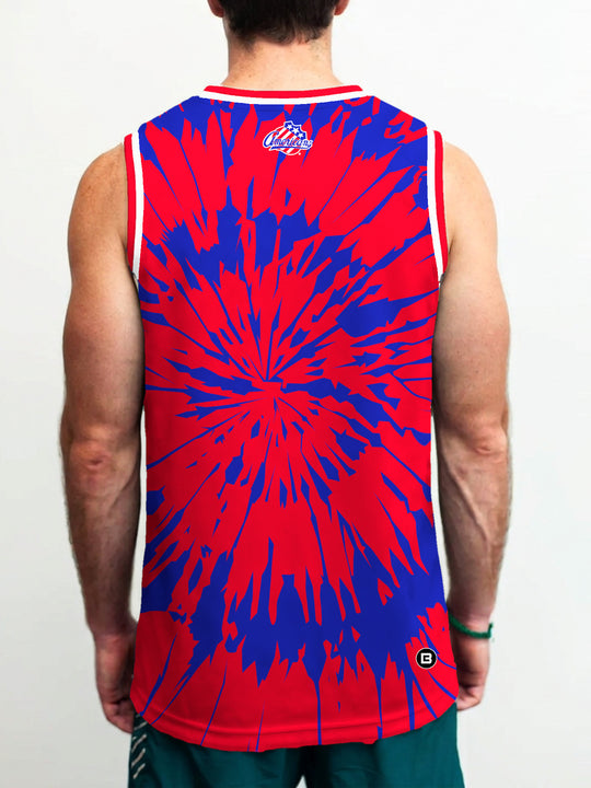 Model wearing the Bench Clearers Rochester Americans Tie-Dye Hockey Tank - back view