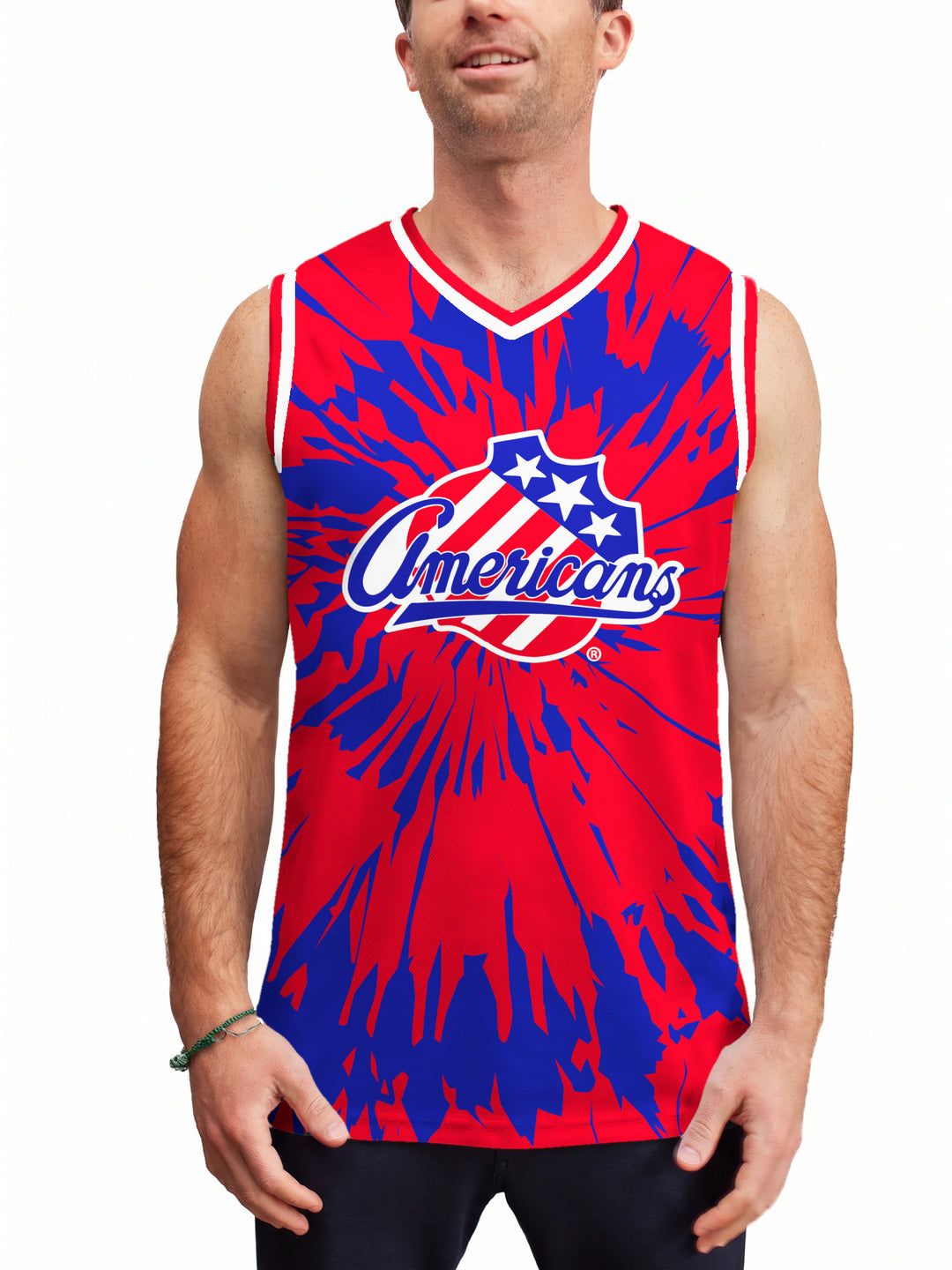 Model wearing the Bench Clearers Rochester Americans Tie-Dye Hockey Tank - front view