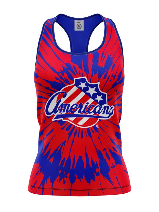 Bench Clearers Rochester Americans Tie-Dye Women's Racerback Hockey Tank - 3D FRONT