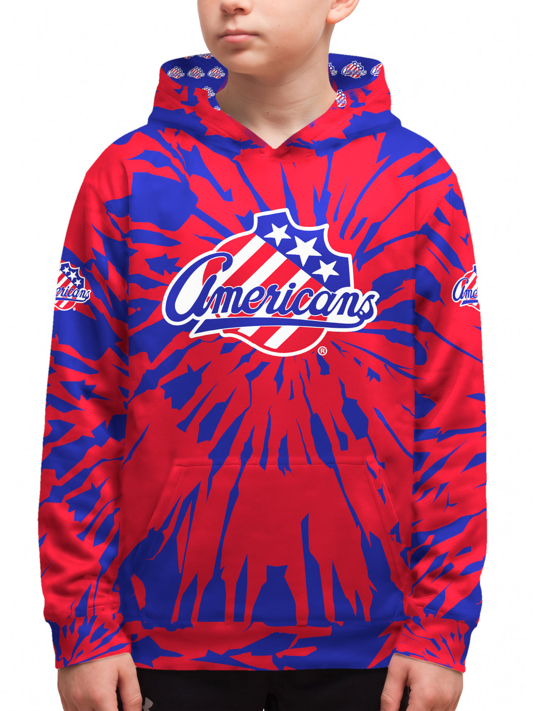 Youth model wearing the Bench Clearers Rochester Americans Tie-Dye Youth Hockey Hoodie - front view