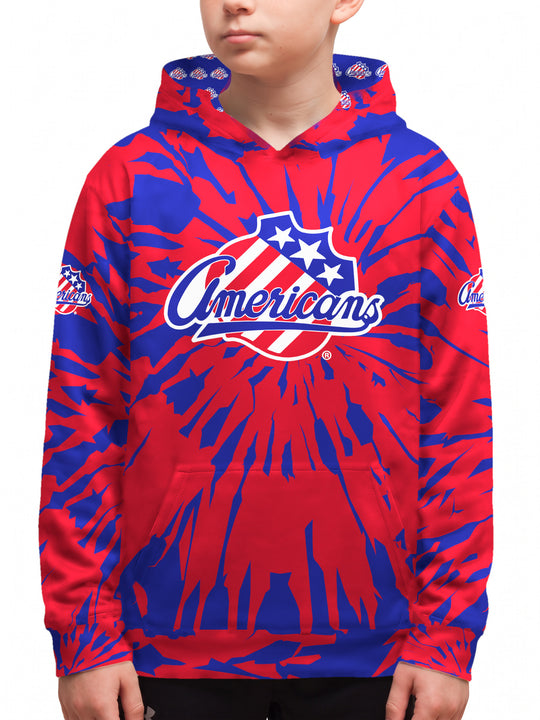 Youth model wearing the Bench Clearers Rochester Americans Tie-Dye Youth Hockey Hoodie - front view