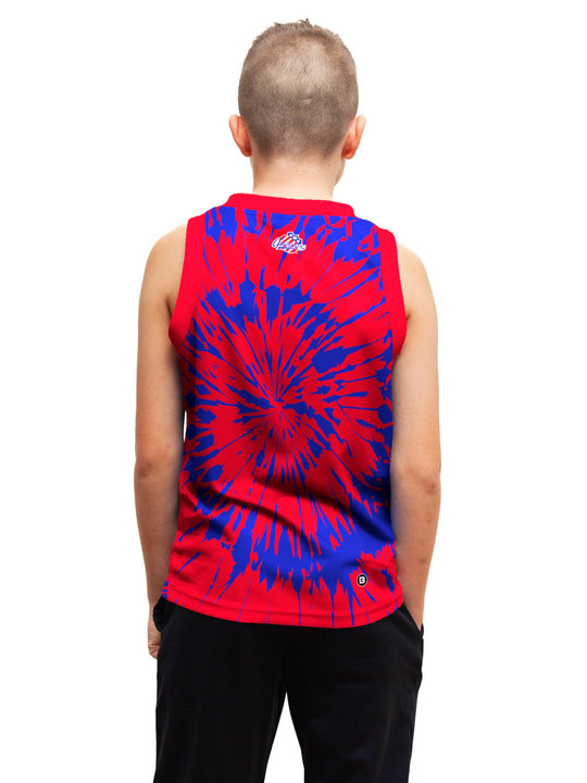 Youth model wearing the Bench Clearers Rochester Americans Tie-Dye Youth Hockey Tank - back view