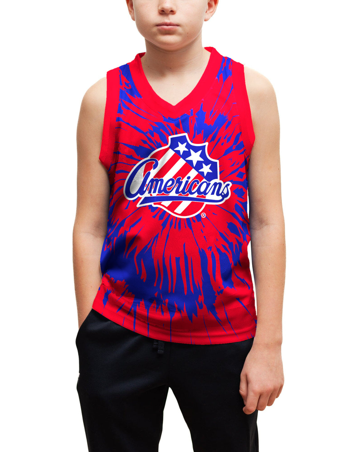 Youth model wearing the Bench Clearers Rochester Americans Tie-Dye Youth Hockey Tank - front view, hand in pocket