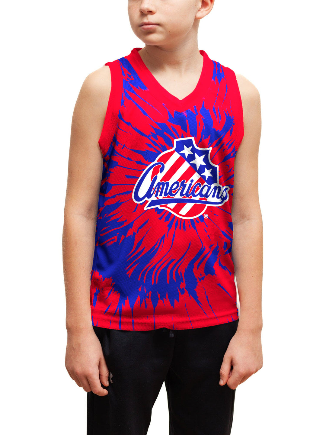 Youth model wearing the Bench Clearers Rochester Americans Tie-Dye Youth Hockey Tank - front view