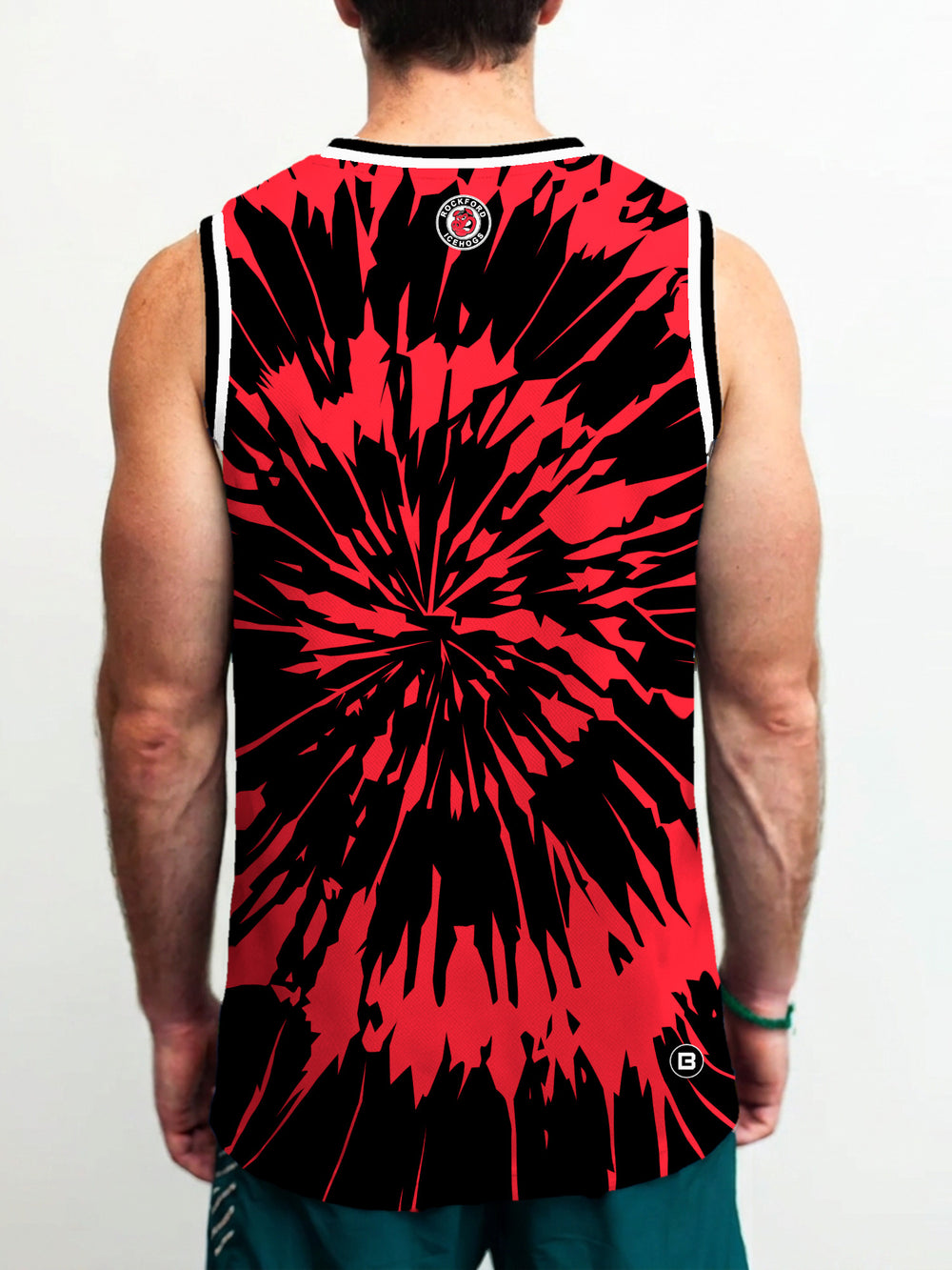 Model wearing the Bench Clearers Rockford IceHogs Tie-Dye Hockey Tank - back view