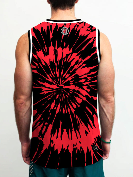 Model wearing the Bench Clearers Rockford IceHogs Tie-Dye Hockey Tank - back view