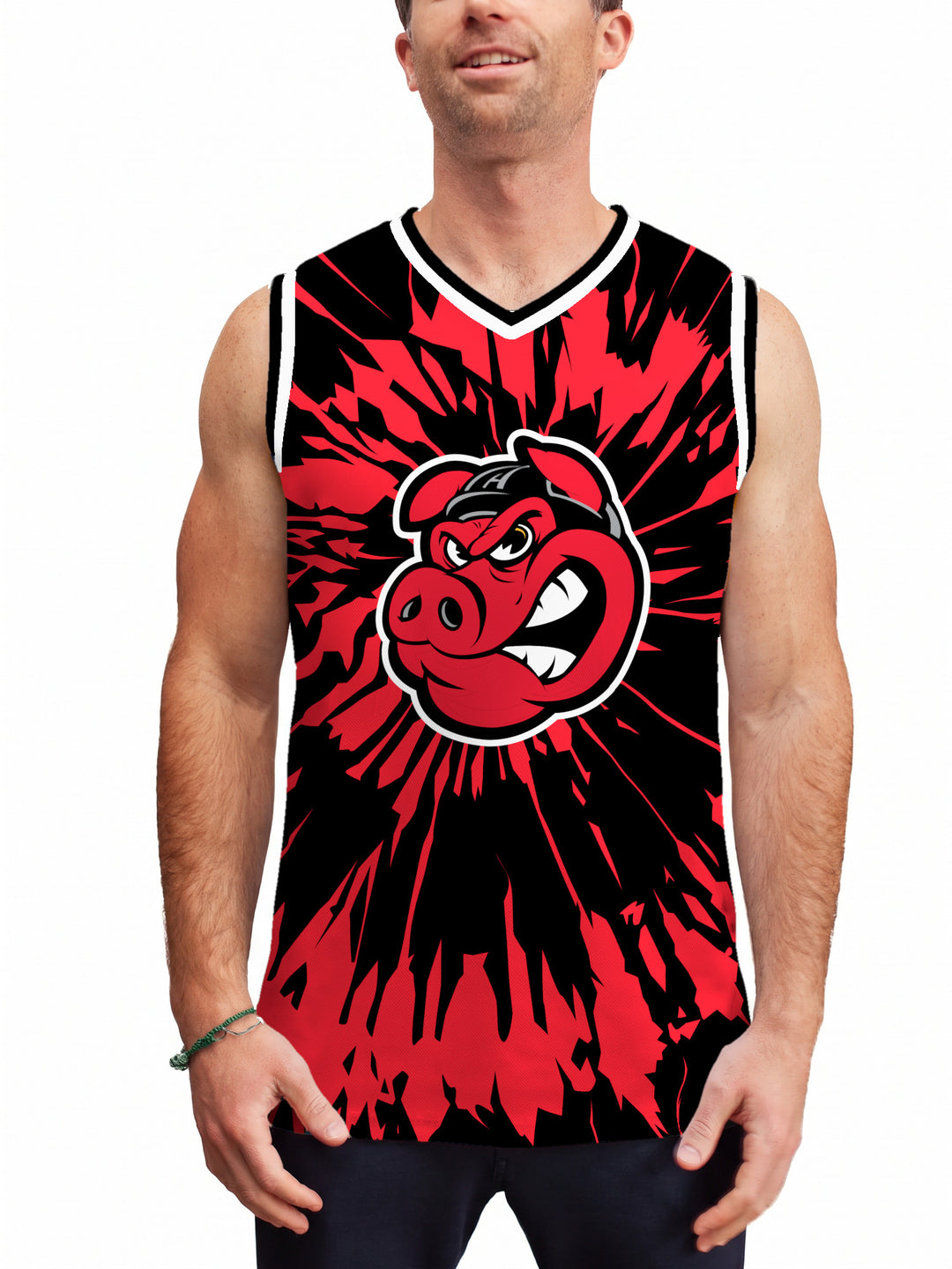 Model wearing the Bench Clearers Rockford IceHogs Tie-Dye Hockey Tank - front view