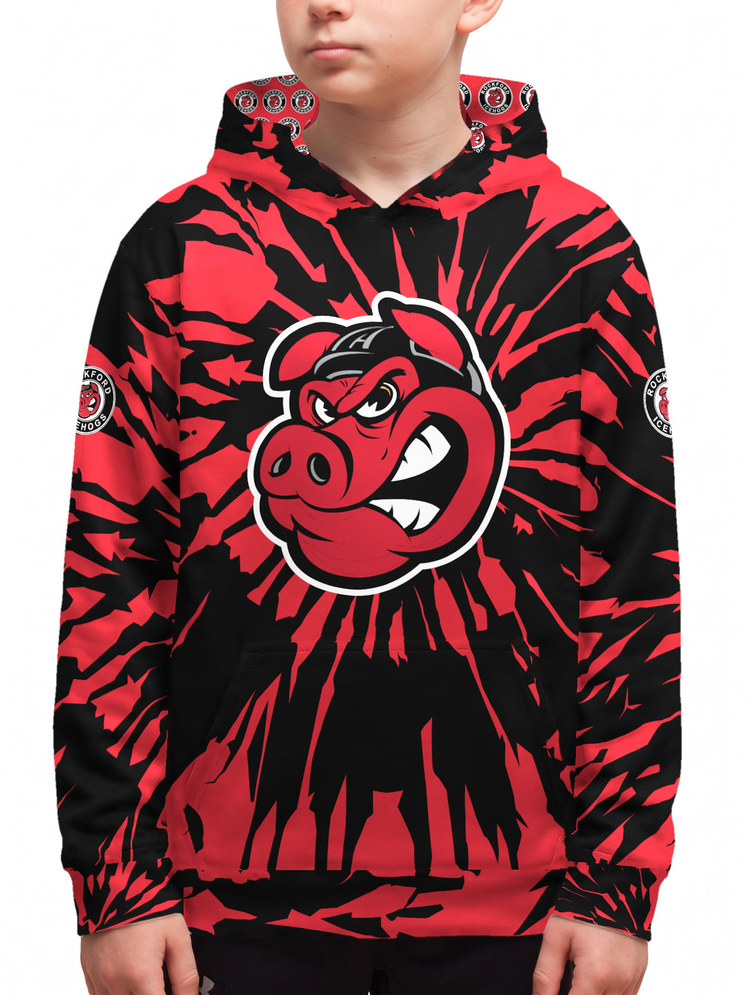 Youth model wearing the Bench Clearers Rockford IceHogs Tie-Dye Youth Hockey Hoodie - front view